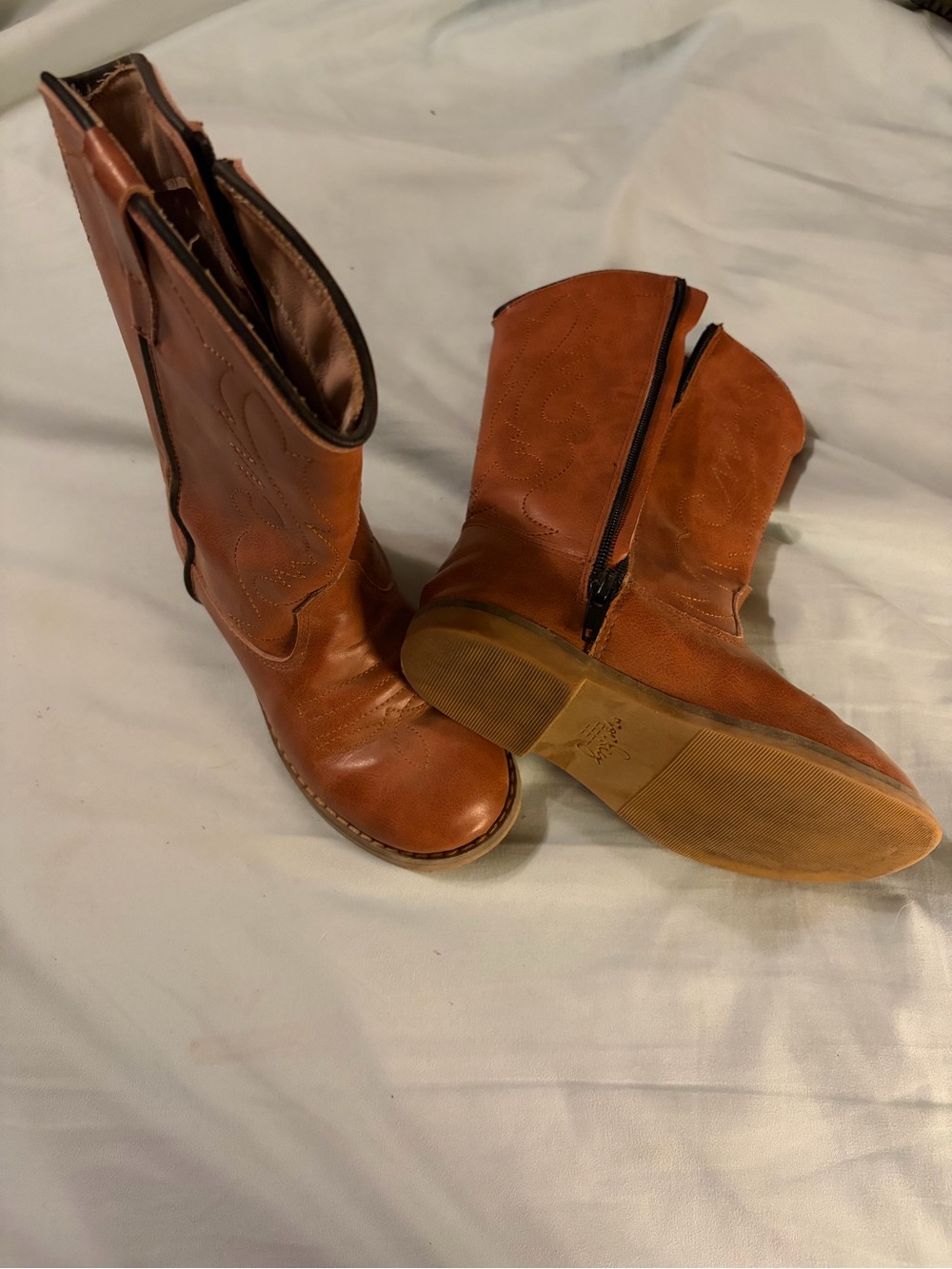 Girls Brown Leather Mid-Calf Boots Side Zip